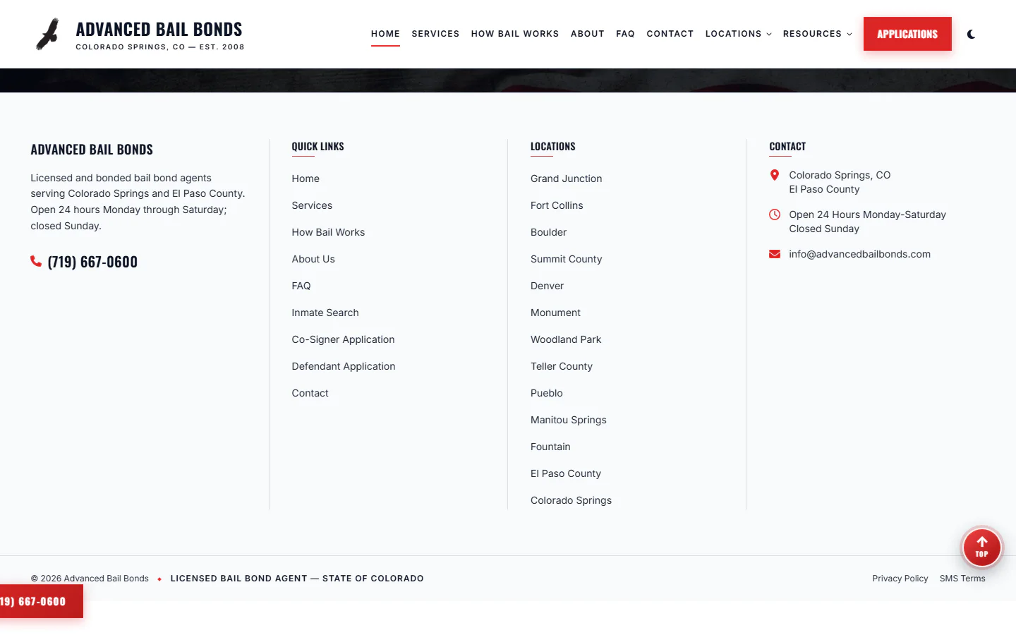 Advanced Bail Bonds website, lower viewport