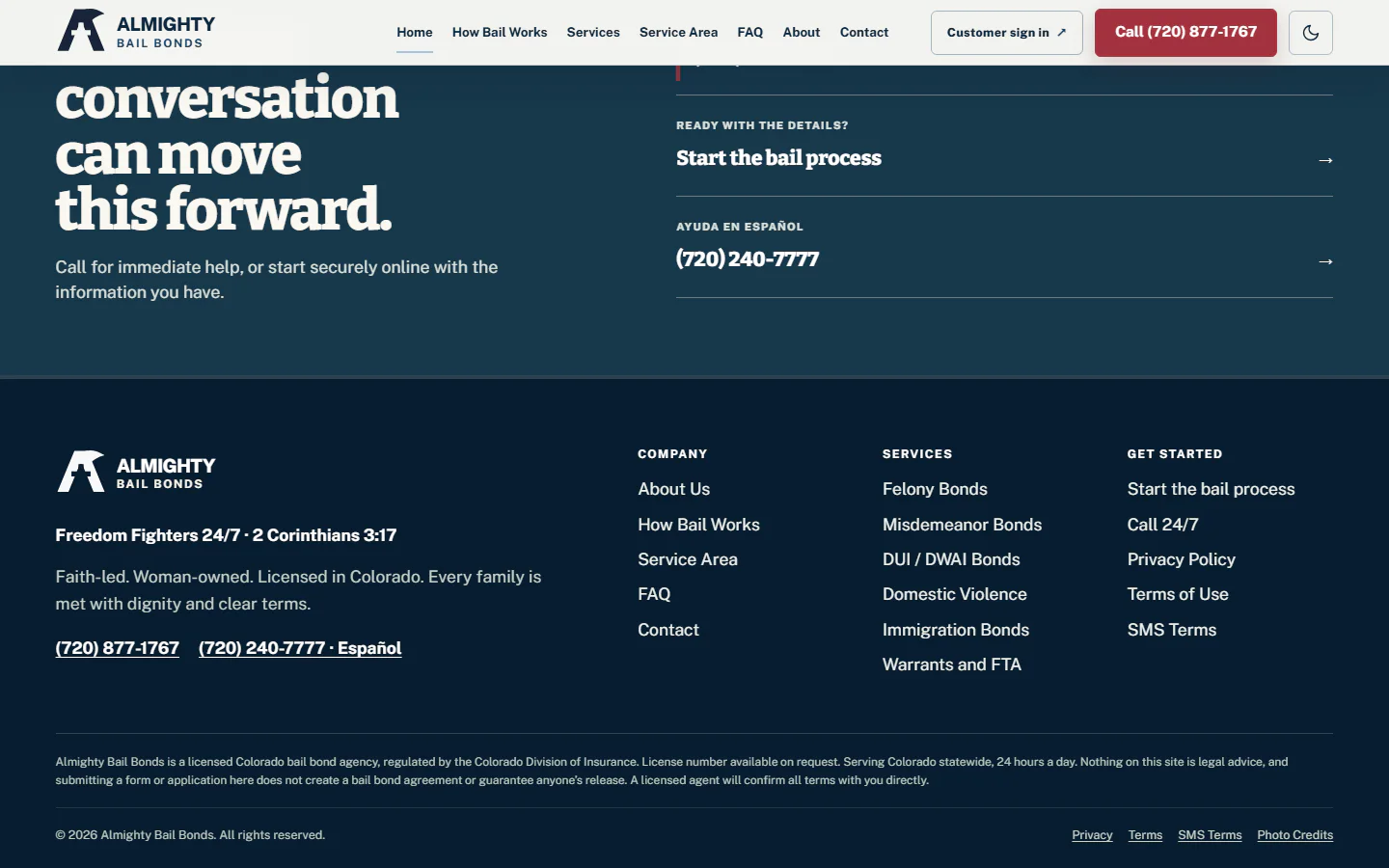 Almighty Bail Bonds website, lower viewport