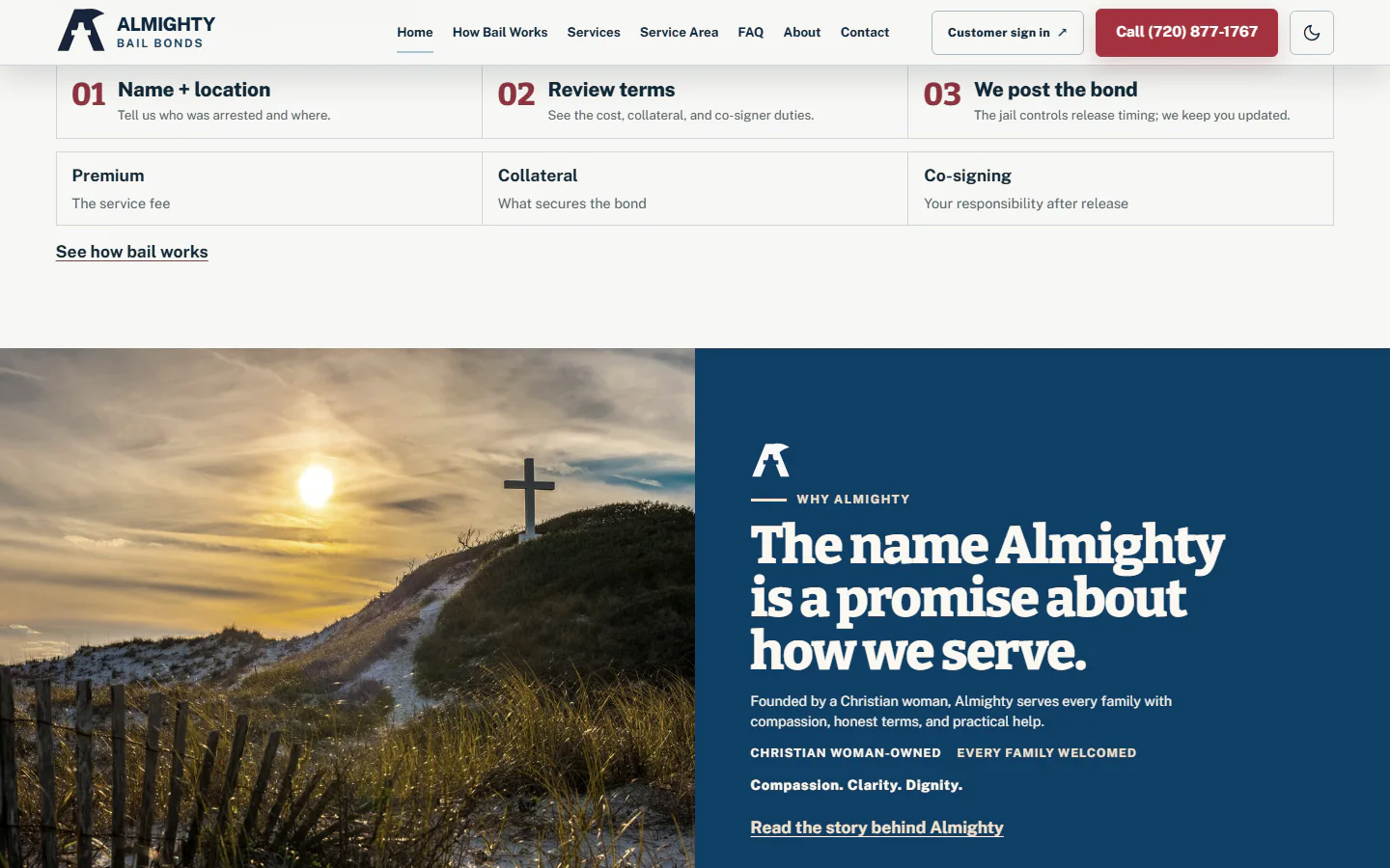 Almighty Bail Bonds website, middle viewport