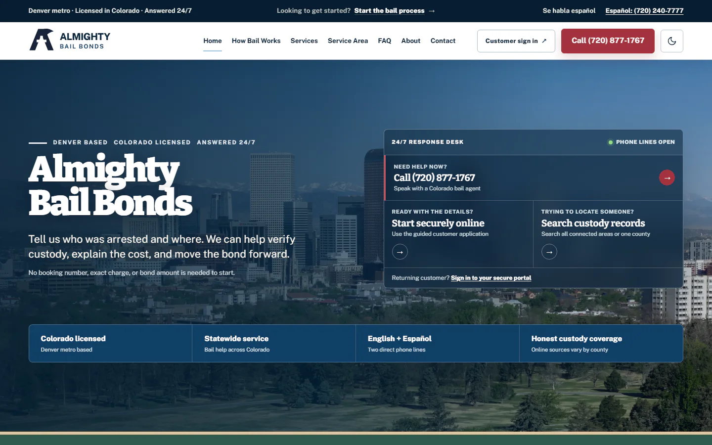 Almighty Bail Bonds website, top viewport