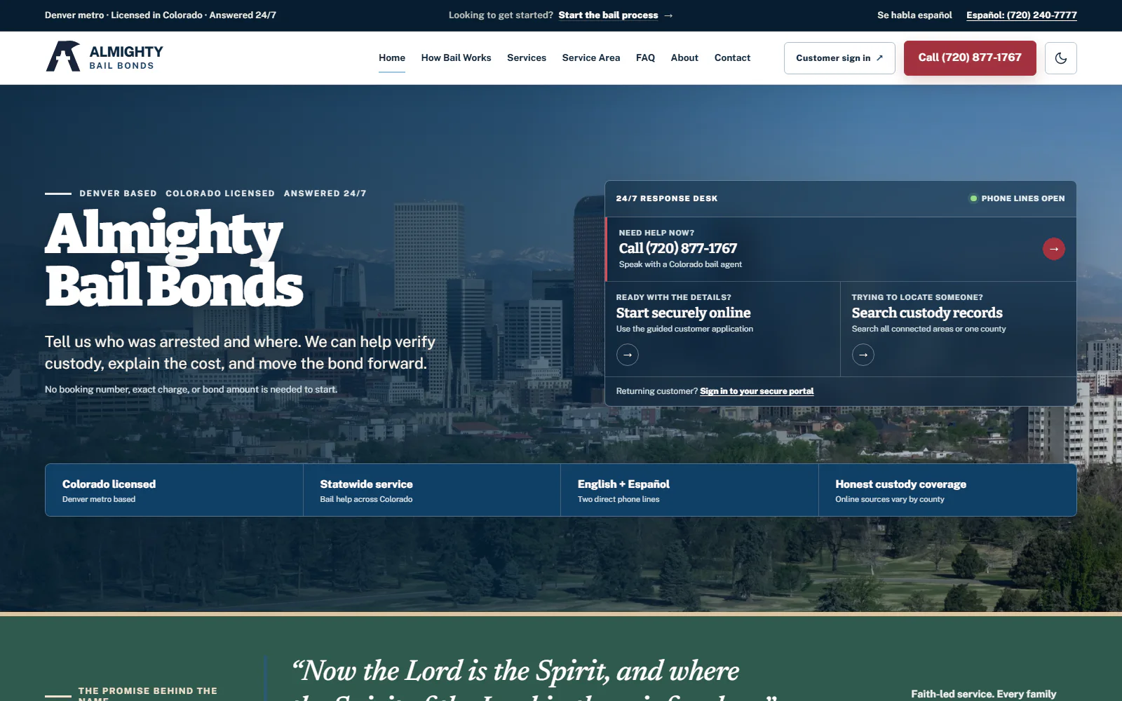 Almighty Bail Bonds homepage over a Denver skyline with prominent call and bail-process actions