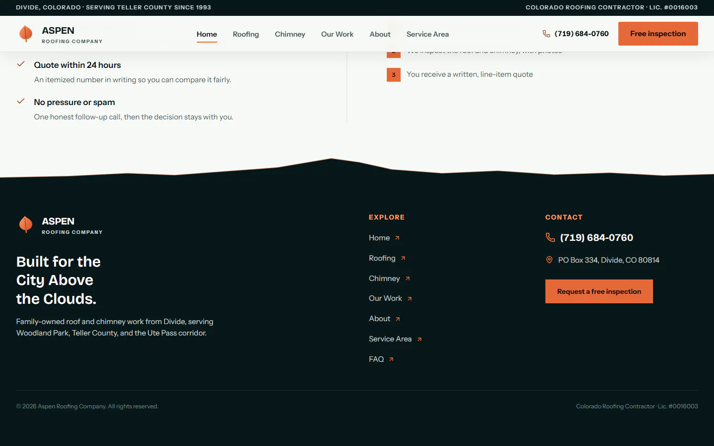Aspen Roofing Company website, lower viewport