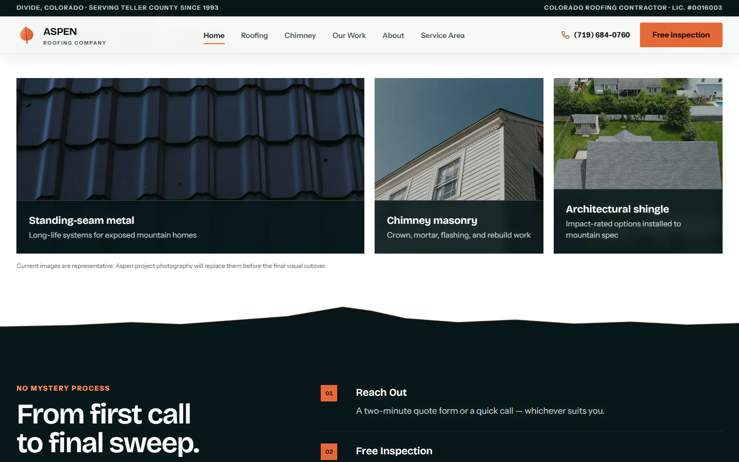 Aspen Roofing Company website, middle viewport