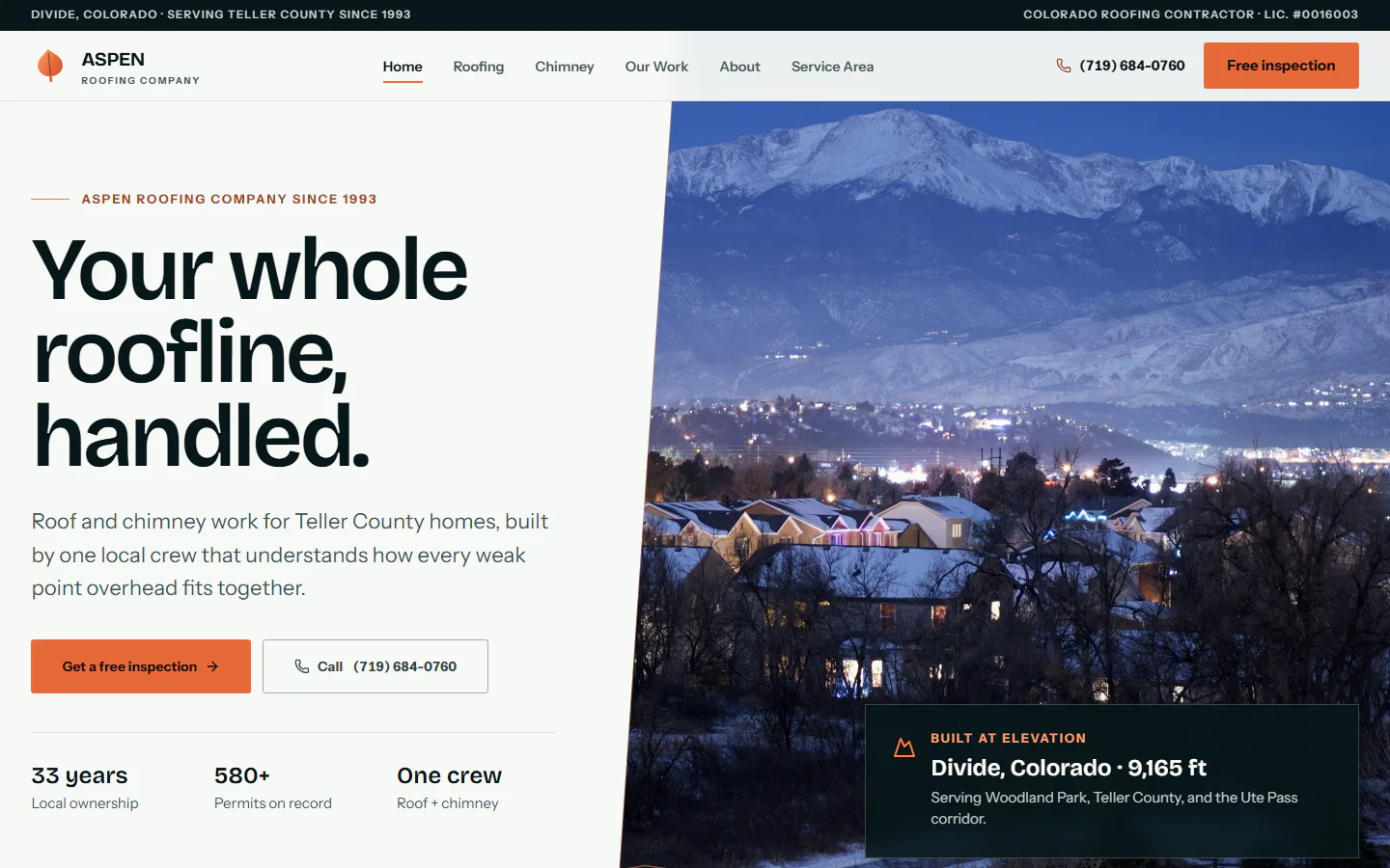 Aspen Roofing Company website, top viewport