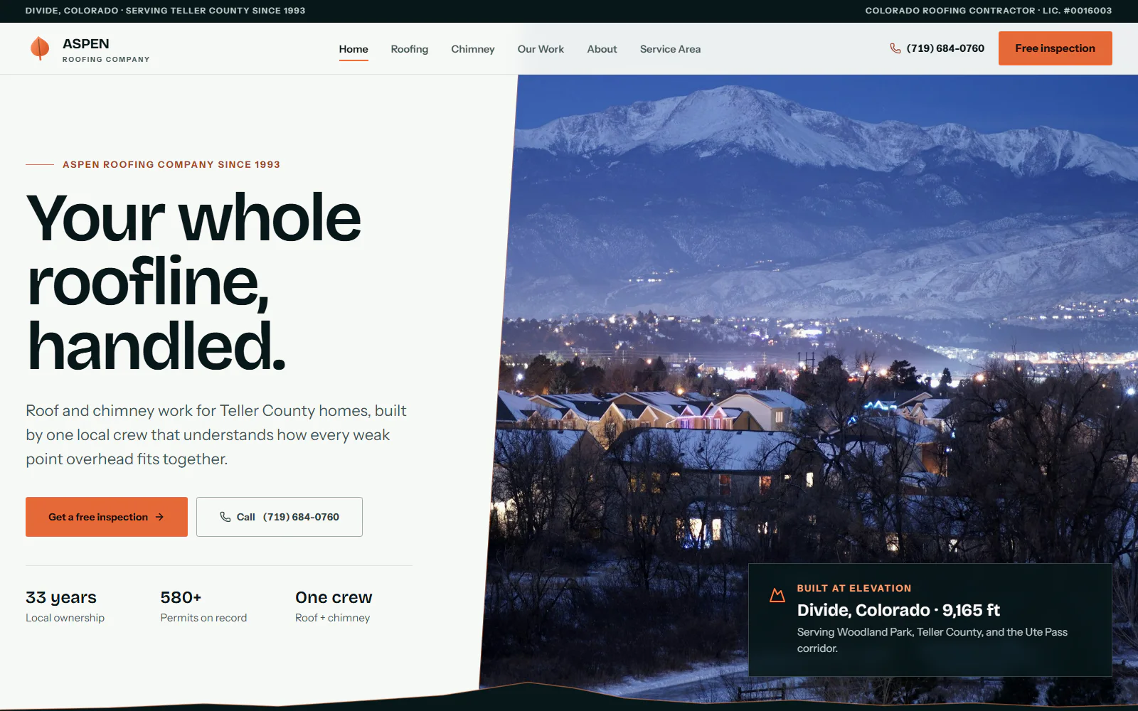 Aspen Roofing Company homepage with mountain imagery, service messaging, and contractor proof points