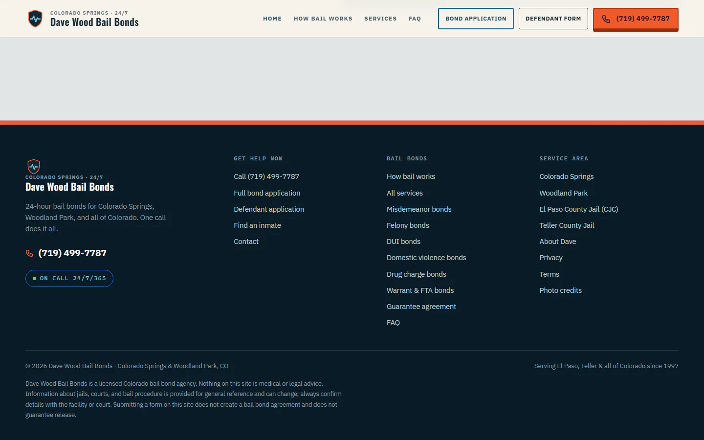 Dave Wood Bail Bonds website, lower viewport
