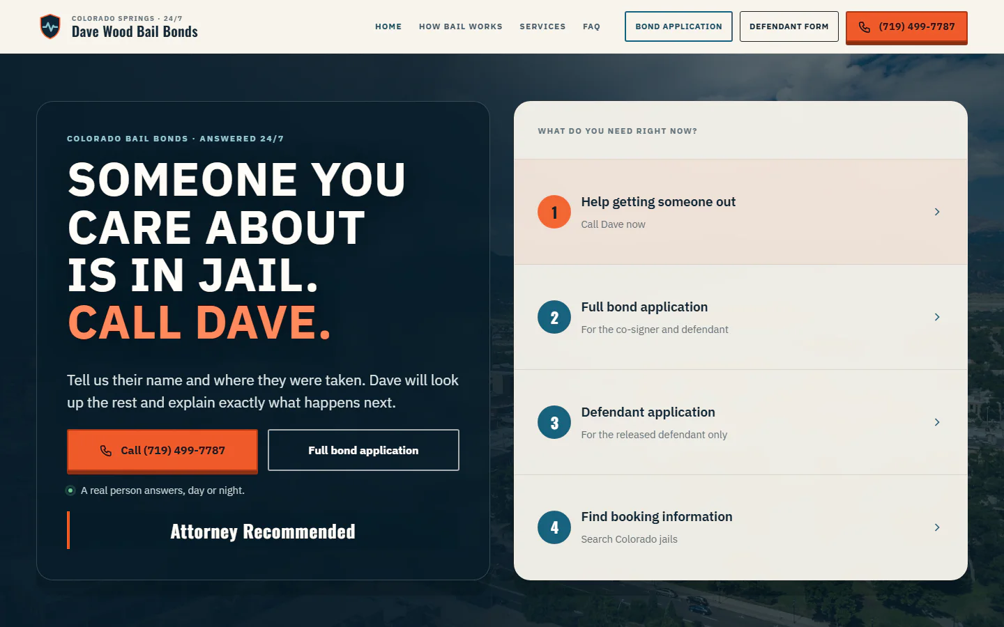 Dave Wood Bail Bonds website, top viewport
