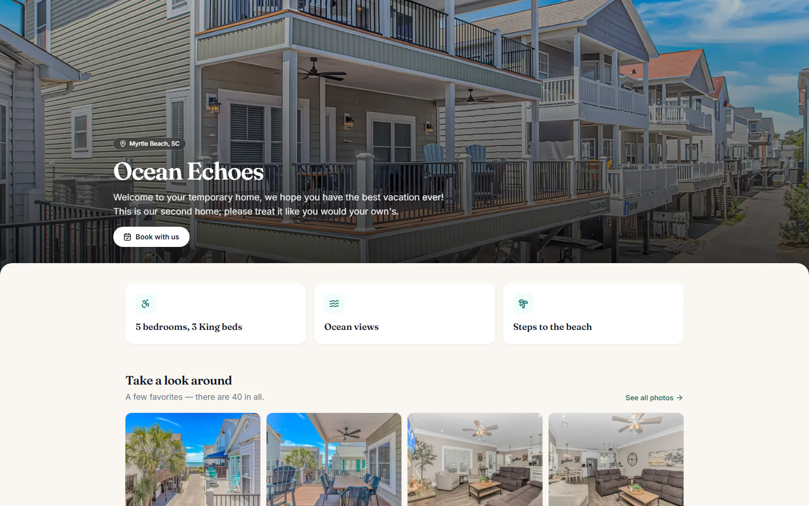 Ocean Echoes guest guide hero with coastal property photography and compact section navigation